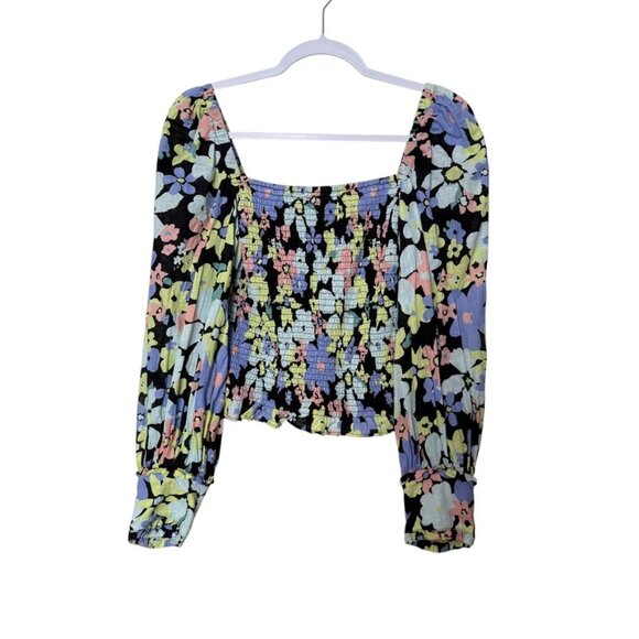 Free People Ariana Floral Printed Smocked Bodice Blouse Women S Black Multi Boho - Picture 1 of 9